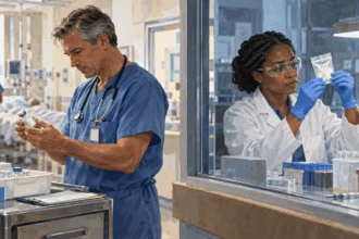 Painted illustration of hospital clinician checks sealed legitimate medication while public-health worker studies sealed sample in separate lab window.