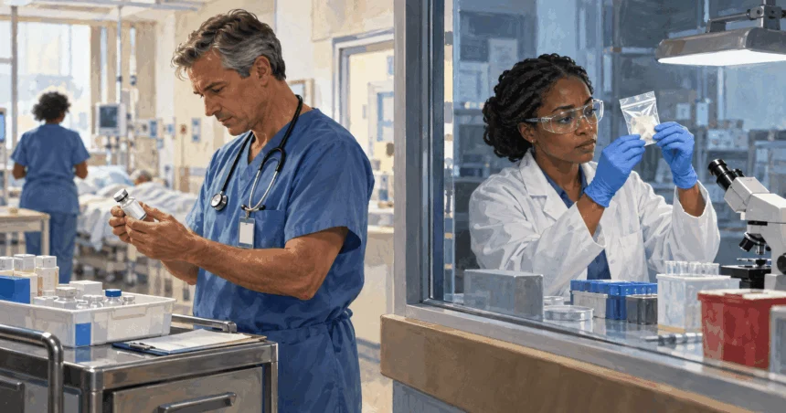 Painted illustration of hospital clinician checks sealed legitimate medication while public-health worker studies sealed sample in separate lab window.