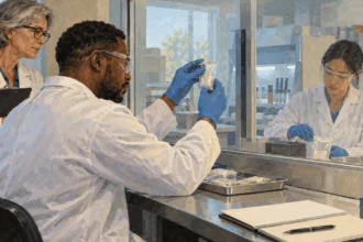 Painted illustration of public-health laboratory workers examining sealed samples.