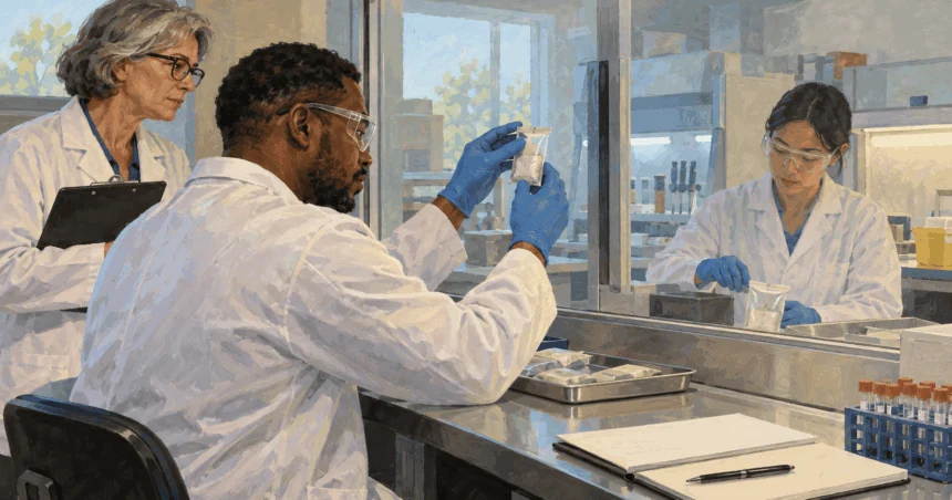 Painted illustration of public-health laboratory workers examining sealed samples.