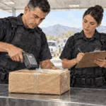 Conceptual painting of officers inspecting a parcel at a border facility.
