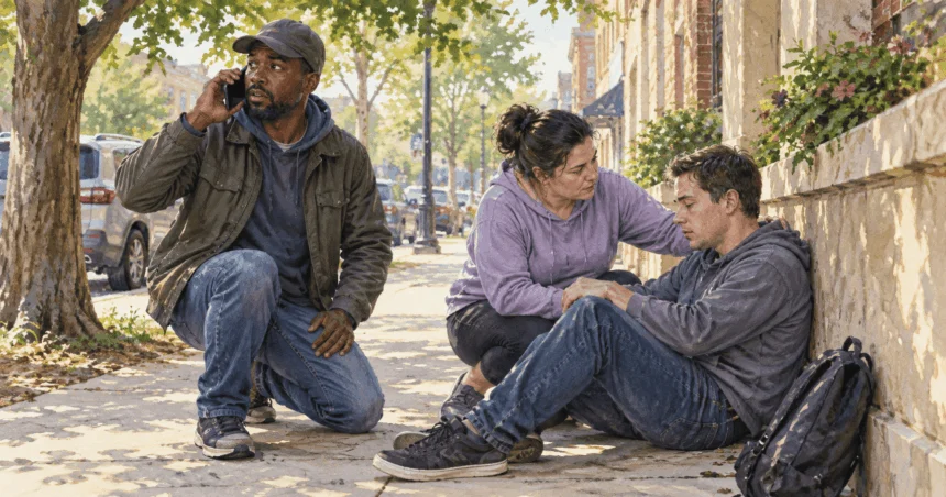 Painted bystander calling for help while two others stay with a person on a sidewalk.