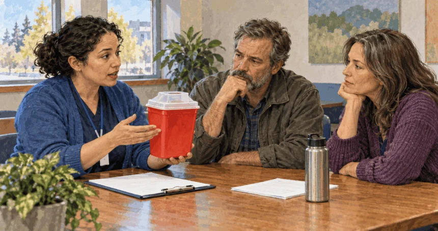 Painted scene of a public-health worker discussing a sharps container with residents.