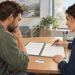 Person and insurance navigator compare treatment coverage folders.