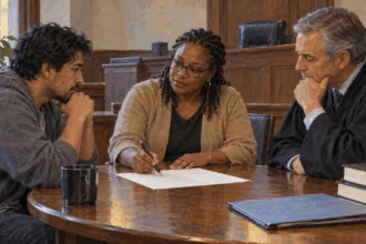 Conceptual painting of a court participant and professionals discussing a blank plan.