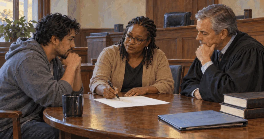 Conceptual painting of a court participant and professionals discussing a blank plan.