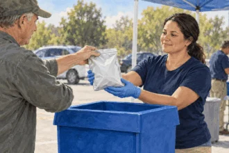 Resident brings a closed bag of unwanted medicines to a supervised collection bin.