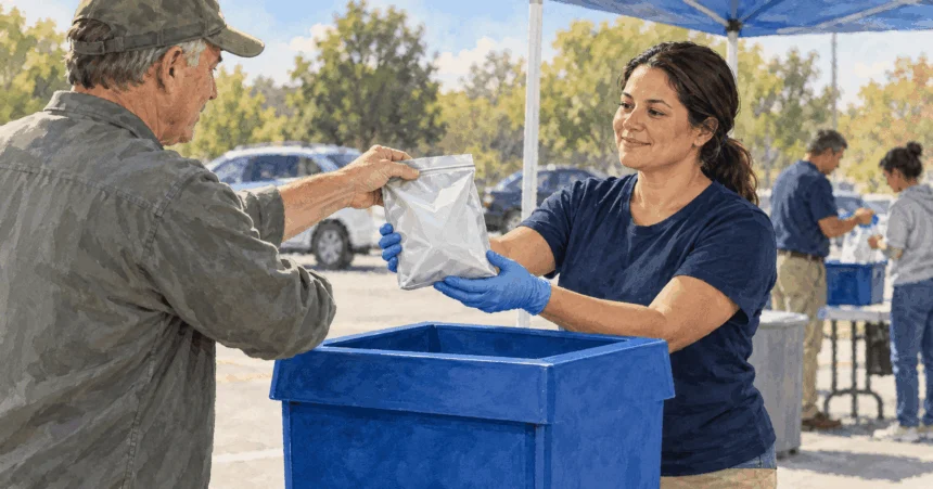 Resident brings a closed bag of unwanted medicines to a supervised collection bin.
