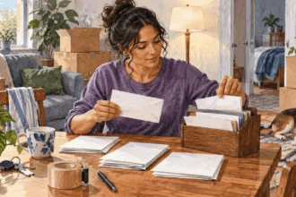 Conceptual painting of a newly moved resident sorting blank address-change envelopes.