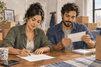 Person fills out a blank address form beside moving boxes and an envelope.