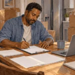 Painted illustration of among packed boxes, a mover updates a blank address form at a kitchen table beside an unmarked laptop.
