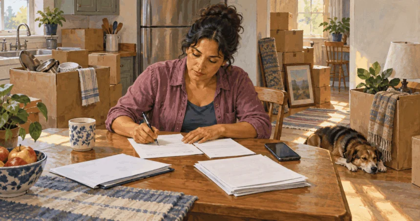 Painted woman completing blank paperwork at a kitchen table among moving boxes.