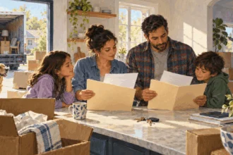 Painted illustration of a family sorting papers while unpacking after a move.
