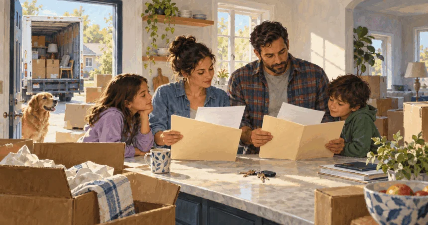 Painted illustration of a family sorting papers while unpacking after a move.