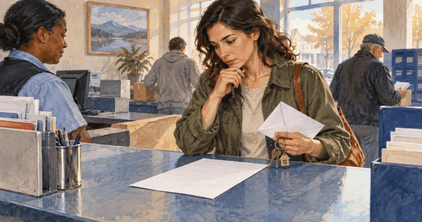 Conceptual painting of a resident considering a change-of-address form at a postal counter.