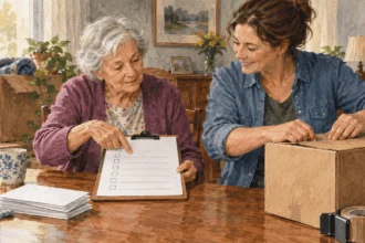 Conceptual painting of an older parent and adult child reviewing a blank checklist beside a moving box.
