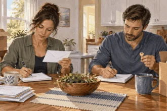 Conceptual painting of separated adults sorting household mail and address changes.