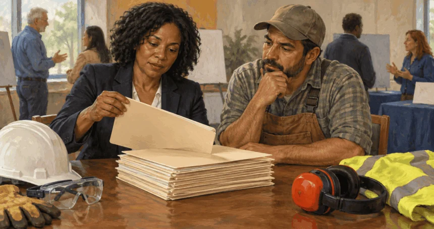 Conceptual painting of an analyst and worker reviewing blank rule folders.
