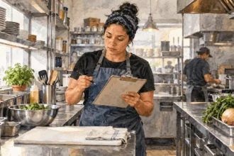 Conceptual painting of a restaurant worker checking a blank safety sheet in a working kitchen.