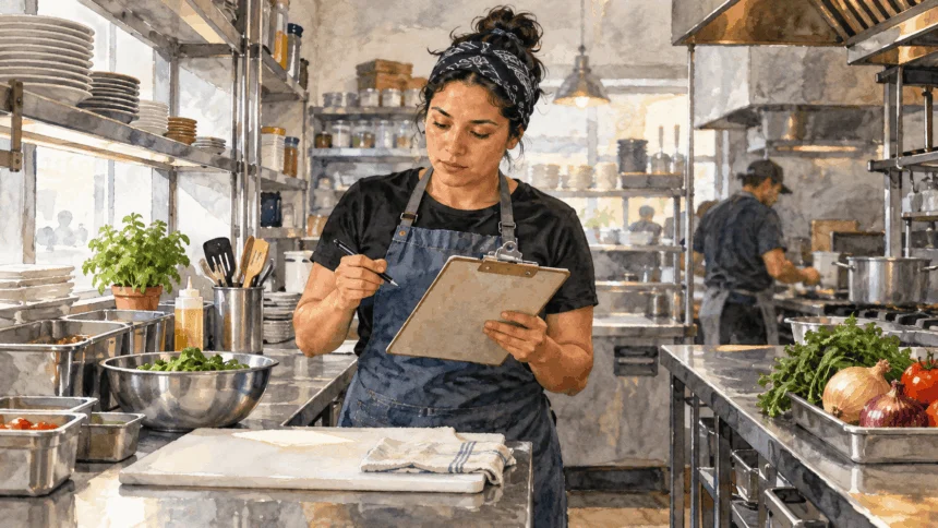 Conceptual painting of a restaurant worker checking a blank safety sheet in a working kitchen.