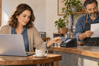 Customer checks an internet bill and pays by bank card at a neighborhood cafe.