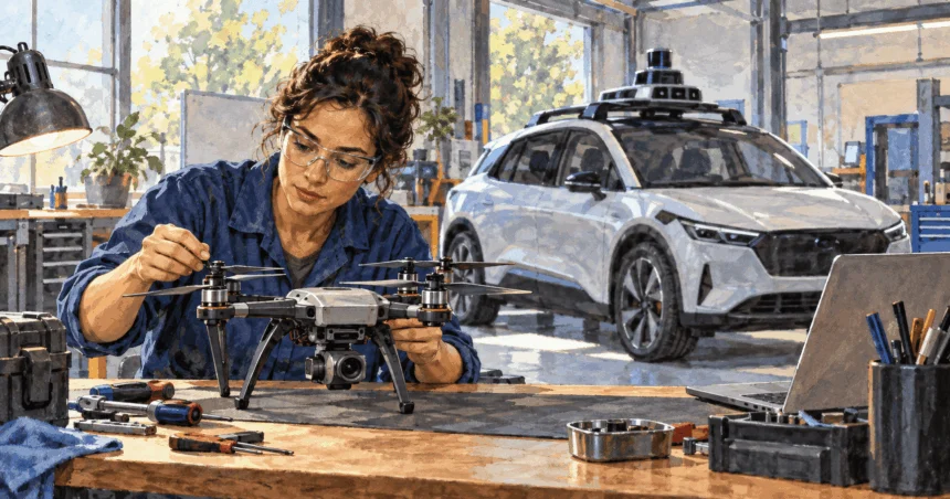 Painted illustration of an engineer inspecting a drone beside a parked test car in a workshop.