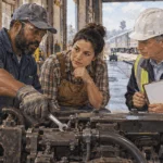 Conceptual painting of a rail maintenance worker, business operator and inspector examining equipment together.