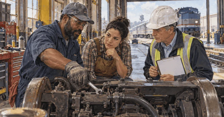 Conceptual painting of a rail maintenance worker, business operator and inspector examining equipment together.