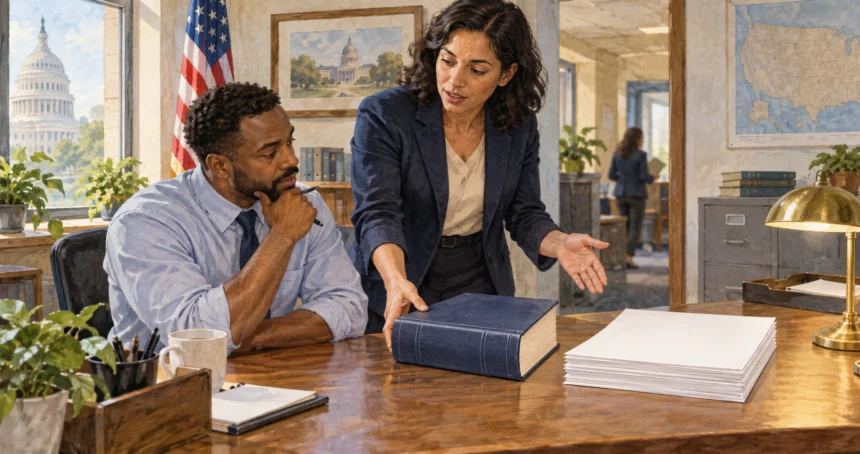 Conceptual painting of agency employees comparing a closed statute book with blank draft pages.