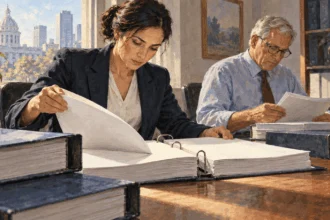 Conceptual painting of two securities examiners reviewing plain disclosure binders at a worktable.