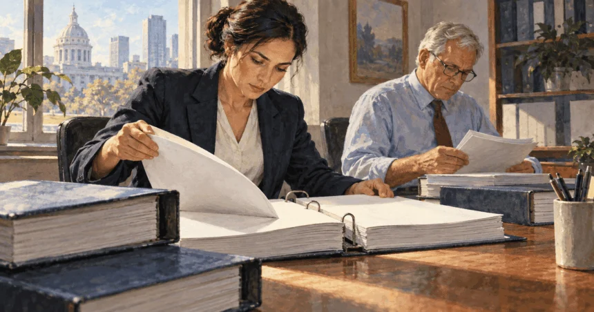 Conceptual painting of two securities examiners reviewing plain disclosure binders at a worktable.
