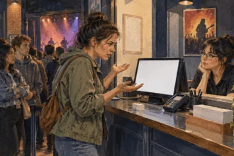 Painted concertgoer questioning a box-office worker about tickets while a performance is underway.