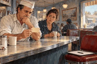 Painted conceptual scene of a diner owner weighing prices and weak hiring at the same time.