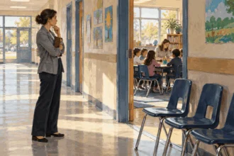 Painted illustration of a school planner looking toward a classroom from a hallway with empty chairs.