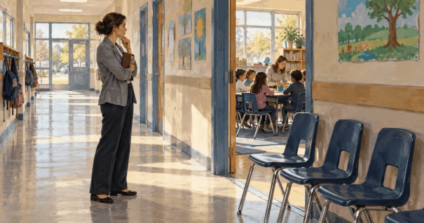 Painted illustration of a school planner looking toward a classroom from a hallway with empty chairs.