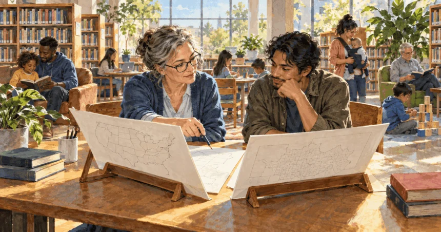 Painted illustration of a researcher and reader examining census maps in a public library.
