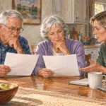 Painted illustration of retired couple and adult child discuss two blank program statements at kitchen table.