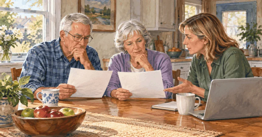 Painted illustration of retired couple and adult child discuss two blank program statements at kitchen table.