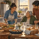 Painted illustration of a multigenerational household preparing a meal together.
