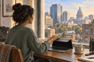 Conceptual painting of a remote worker closing a laptop at a home desk overlooking an office district.