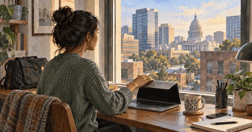 Conceptual painting of a remote worker closing a laptop at a home desk overlooking an office district.