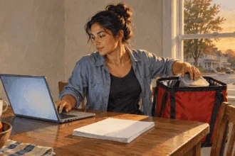 Conceptual painting of a worker switching from laptop work to packing a delivery bag.