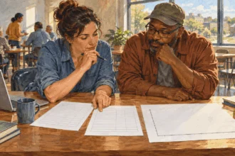 Painted illustration of a resident and researcher considering blank income tables at a workshop.