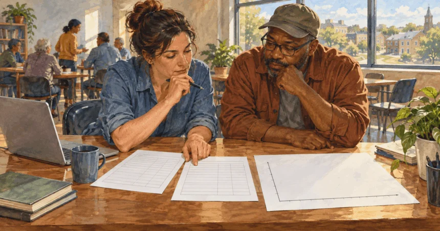 Painted illustration of a resident and researcher considering blank income tables at a workshop.