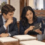 Conceptual watercolor painting of staffer and researcher consider AI technology.