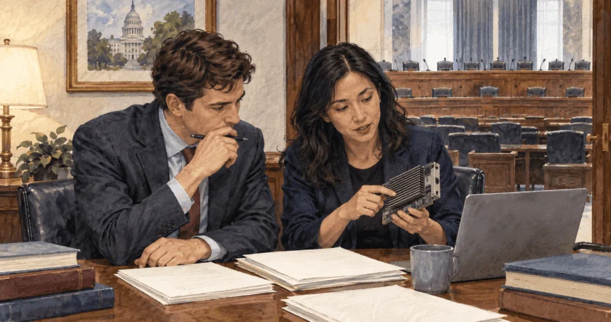 Conceptual watercolor painting of staffer and researcher consider AI technology.