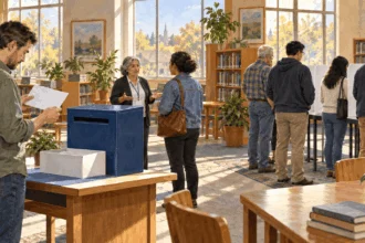 Conceptual painting of voters using different ballot-access paths.