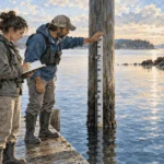 Conceptual painting of field scientists recording coastal observations.