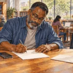 Painted illustration of constituent writing a letter at a public library.
