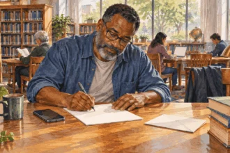 Painted illustration of constituent writing a letter at a public library.